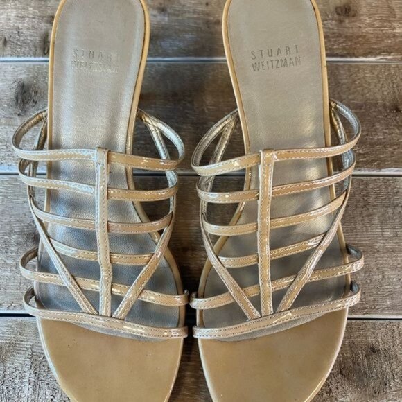 Stuart Weitzman Gold Metallic Leather Cutout Slide On Kitten Heel Sz 6.5 - Picture 8 of 12